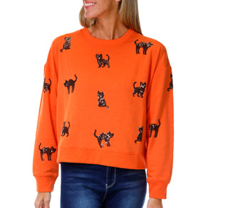 Thumbnail 1: Marled Petite Long Sleeve Sequin Black Cat Sweater 
