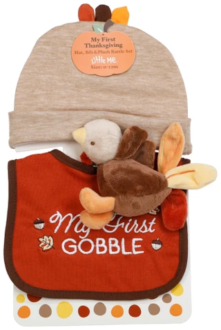 Thumbnail 1: Little Me 3 Pc Harvest My First Gobble Hat Bib & Rattle Set 