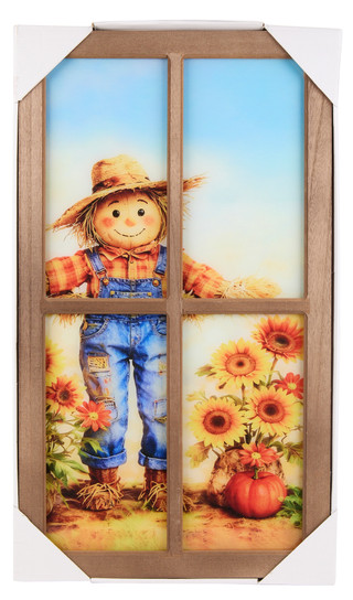 Thumbnail 1: 16x28 Floral Scarecrow & Pumpkins Windowpane Wall Art 