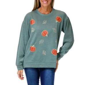 Thumbnail 1: Chenault Women's Harvest Pumpkin & Leaf Applique Fleece Top 