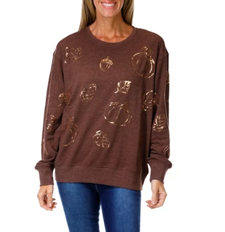 Thumbnail 1: Sable Sky Women's Harvest Themed Sequined Fleece Top 