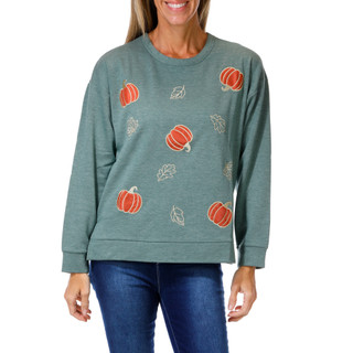 Thumbnail 1: Status by Chenault Women's Petite Harvest Pumpkin & Leaf Applique Fleece Top 
