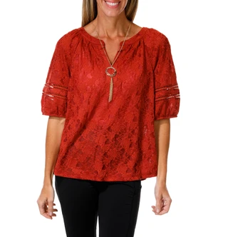Thumbnail 1: AGB Women's Puff Crochet Sleeve Top w/ Necklace  