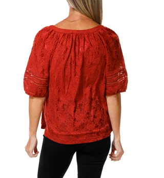 Thumbnail 2: AGB Women's Puff Crochet Sleeve Top w/ Necklace  