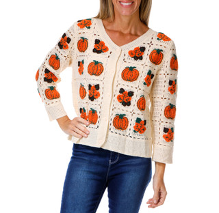 Thumbnail 1: Anneliese Women's Petite  Harvest Crochet Pumpkin Button Down Cardigan 