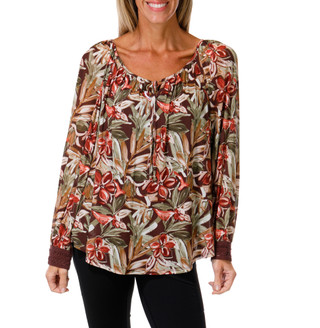 Thumbnail 1: AGB Women's Printed Long Sleeve Tie-Front Blouse 