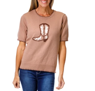 Thumbnail 1: ADRIENNE VITTADINI Women's Cowboy Boot Whip Stitch Short Sleeve Sweater 