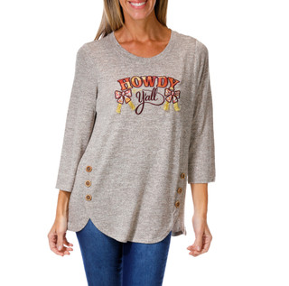 Thumbnail 1: Tru Self Women's Harvest Howdy Y'all Applique Button Hem Top 