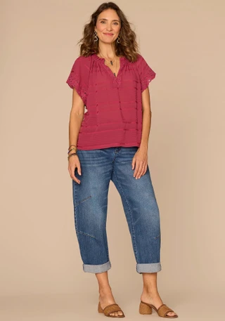Thumbnail 3: Democracy Women's Embroidered Split Neck Woven Top 