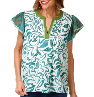 Thumbnail 1: Democracy Women's Flutter Sleeve Split Neck Woven Top 