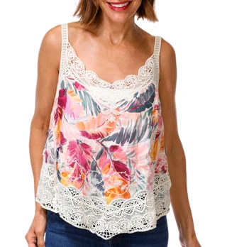 Thumbnail 1: Democracy Women's Embroidered Crochet Trim Tank Top 