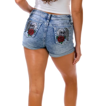 Thumbnail 1: SUNKISSED DENIM Juniors' Cuffed Embroidered Denim Shorts 