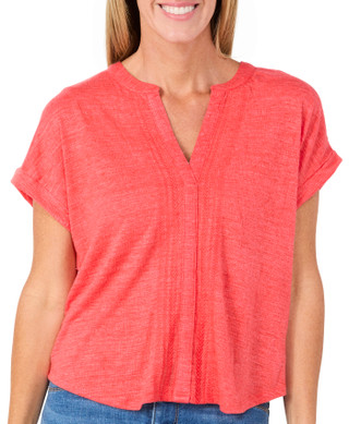 Thumbnail 1: Cable & Gauge Women's Short Sleeve Crinkle Henley Top 