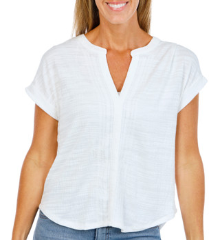 Thumbnail 1: Cable & Gauge Women's Short Sleeve Crinkle Split Neck Top 