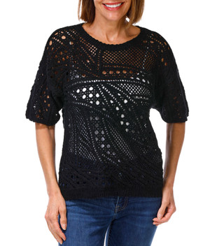 Thumbnail 1: DKNY Women's Short Sleeve Crochet Cotton Sweater 