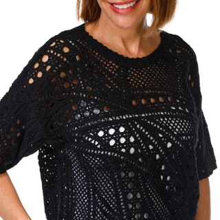 Thumbnail 3: DKNY Women's Short Sleeve Crochet Cotton Sweater 