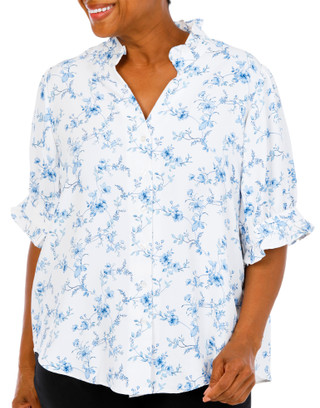Thumbnail 1: Premise Women's Plus Button Front Ruffle Neck Top 