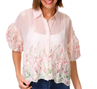 Thumbnail 1: LIV LOS ANGELES Women's Short Sleeve Embroidered Hem Woven Top 