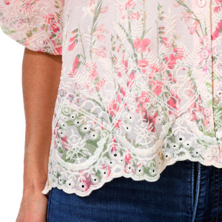 Thumbnail 3: LIV LOS ANGELES Women's Short Sleeve Embroidered Hem Woven Top 