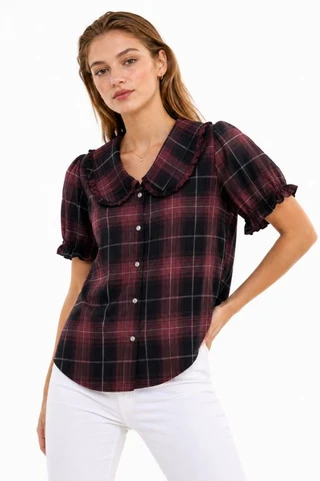 Thumbnail 1: TROVE NEW YORK Women's Plaid Schoolgirl Short Sleeve Top 