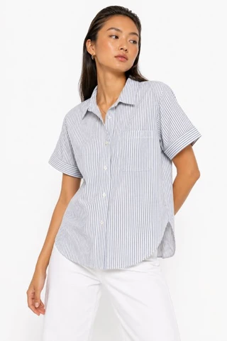 Thumbnail 1: TROVE NEW YORK Women's Collegiate Stripe Button Down Short Sleeve Top 