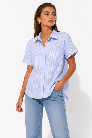 Thumbnail 1: TROVE NEW YORK Women's Collegiate Stripe Button Down Short Sleeve Top 