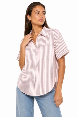 Thumbnail 1: TROVE NEW YORK Women's Collegiate Stripe Button Down Short Sleeve Top 