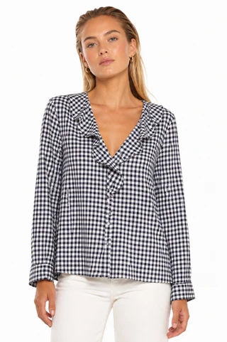 Thumbnail 1: TROVE NEW YORK Women's  Gingham Plaid Ruffle V-Neck Top 