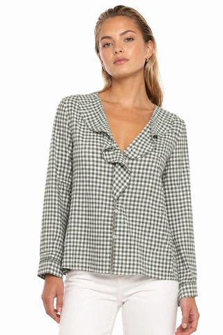 Thumbnail 1: TROVE NEW YORK Women's  Gingham Plaid Ruffle V-Neck Top 