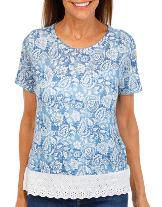 Thumbnail 1: BUNULU Women's Vintage Paisley Eyelet Trim Top 
