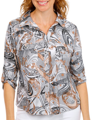 Thumbnail 1: Coral Bay Women's Petite Roll Tab Sleeve 2 Pocket Foil Top 