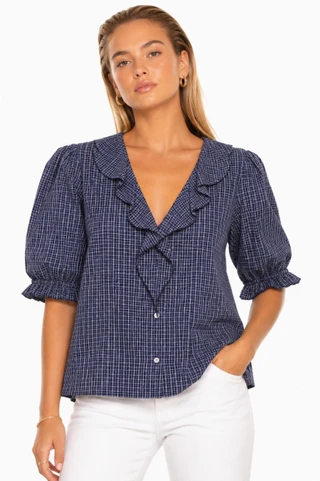 Thumbnail 1: TROVE NEW YORK Women's Vintage Ruffle V-Neck Puff Sleeve Top 