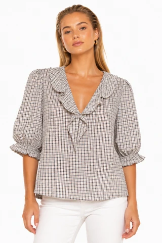 Thumbnail 1: TROVE NEW YORK Women's Vintage Ruffle V-Neck Puff Sleeve Top 