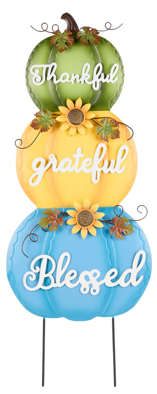 Thumbnail 1: Autumn Gatherings 31 in Stacked Pumpkin Sentiment Metal Garden Stake 