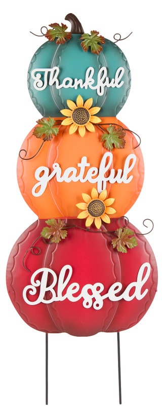 Thumbnail 1: Autumn Gatherings 31 in Stacked Pumpkin Sentiment Metal Garden Stake 
