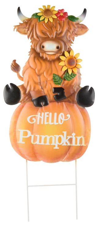 Thumbnail 1: Autumn Gatherings 35 in Hello Pumpkin Highland Cow Metal Garden Stake 