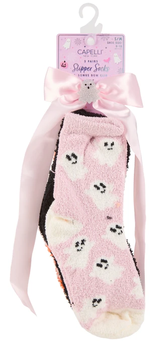 Thumbnail 1: Capelli New York Girls 3 Pk Soft Slipper Socks w/ Bonus Bow Clip 