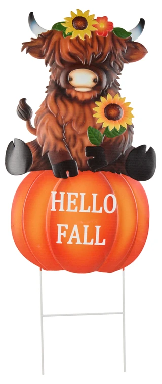 Thumbnail 1: Autumn Gatherings 35 in Hello Fall Highland Cow Metal Garden Stake 