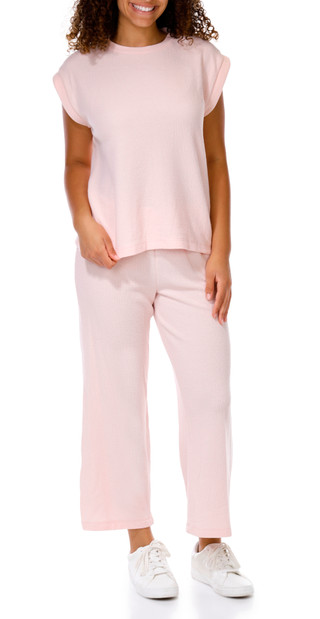 Thumbnail 1: Status by Chenault Women's 2 Pc Short Sleeve Ribbed Top & Pants Set 