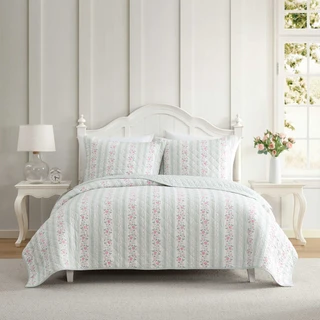 Thumbnail 1: Laura Ashley Laura Ashley Rosebud Stripe Cotton Quilt Set 