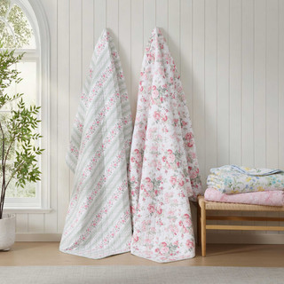 Thumbnail 12: Laura Ashley Laura Ashley Rosebud Stripe Cotton Quilt Set 