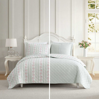 Thumbnail 22: Laura Ashley Laura Ashley Rosebud Stripe Cotton Quilt Set 
