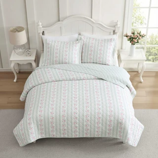 Thumbnail 30: Laura Ashley Laura Ashley Rosebud Stripe Cotton Quilt Set 