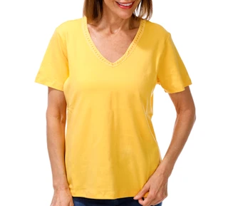 Thumbnail 1: Coral Bay Women's Short Sleeve Crochet Trim V-Neck Top 