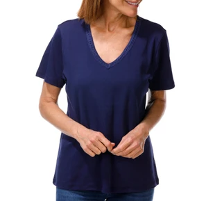 Thumbnail 1: Coral Bay Women's Short Sleeve Crochet Trim V-Neck Top 