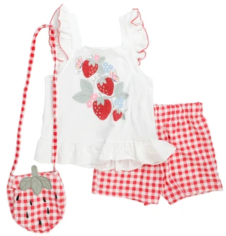 Thumbnail 1: Little Lass 2-Piece Gingham Strawberry Set w/ Bag 