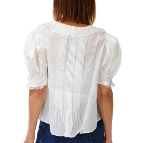 Thumbnail 3: Muse Women's Short Sleeve Ruffle Pintuck Lace Trim Top 