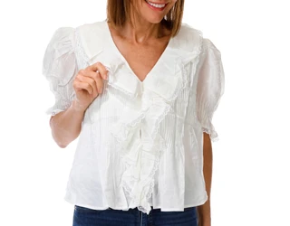 Thumbnail 1: Muse Women's Short Sleeve Ruffle Pintuck Lace Trim Top 