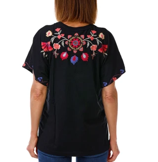 Thumbnail 2: JOHNNY WAS Women's Short Sleeve Embroidered Side Slit Top 