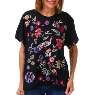 Thumbnail 1: JOHNNY WAS Women's Short Sleeve Embroidered Side Slit Top 